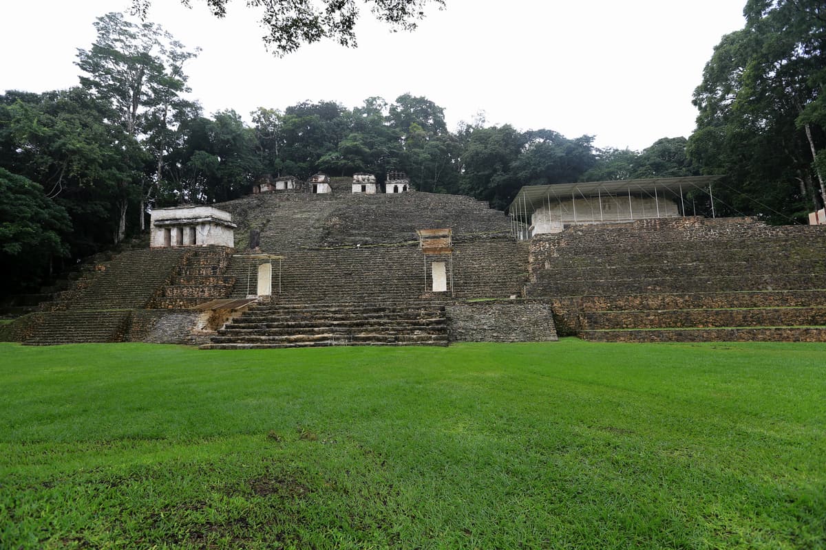 The Great Plaza and acropolis of Bonampak surrounded by rainforest