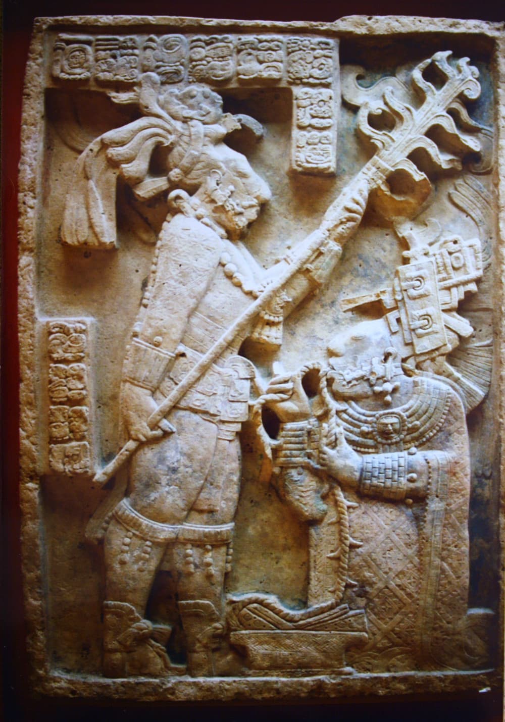 Lintel 24 from Yaxchilán, showing Lady Xoc drawing a rope through her tongue before Shield Jaguar