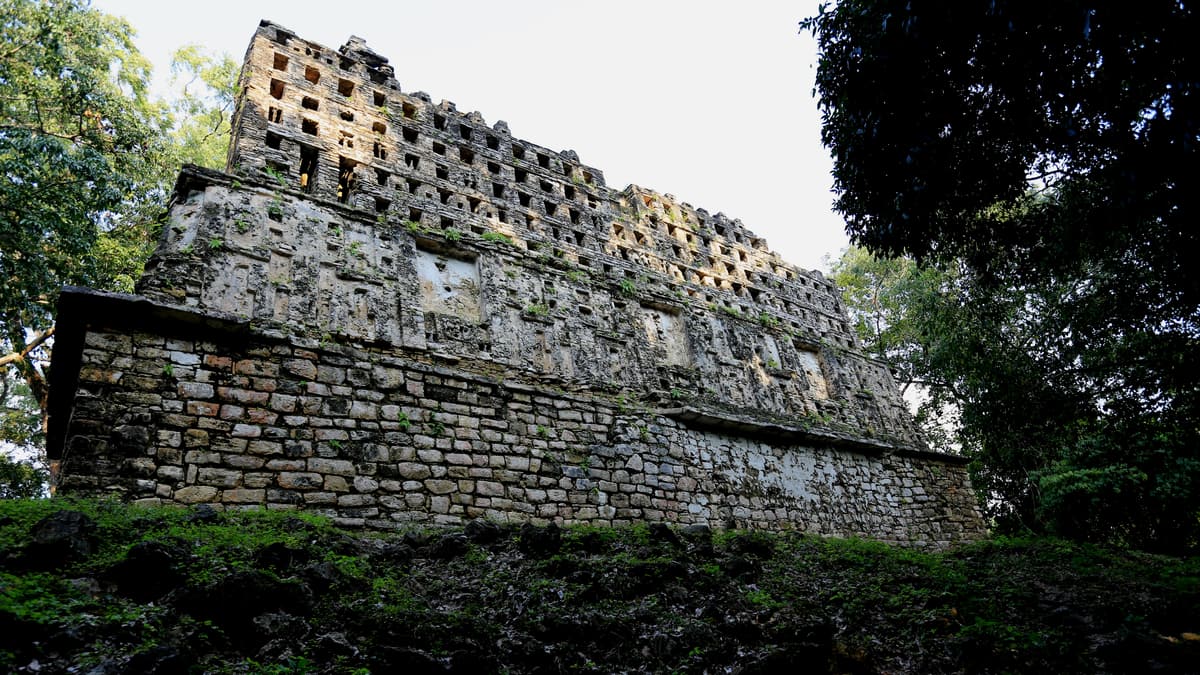The pierced roof comb of Structure 33 at Yaxchilán above the jungle
