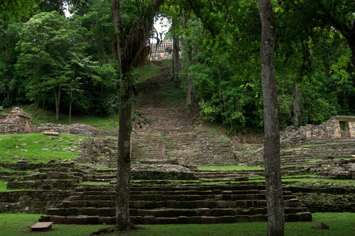 The Grand Plaza of Yaxchilán with the stairway rising towards Structure 33
