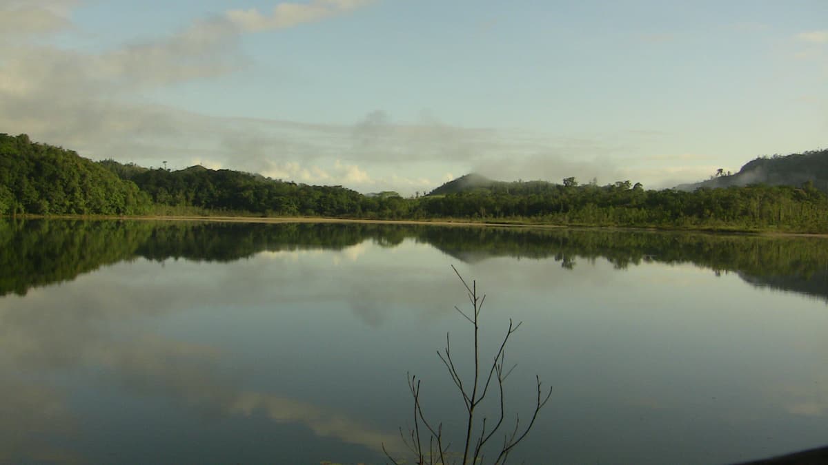 A still lagoon surrounded by Lacandon rainforest